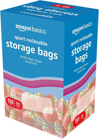 Amazon Basics Reclosable Quart Food Storage Bags with Double Zipper Seal, BPA Free, 150 Count