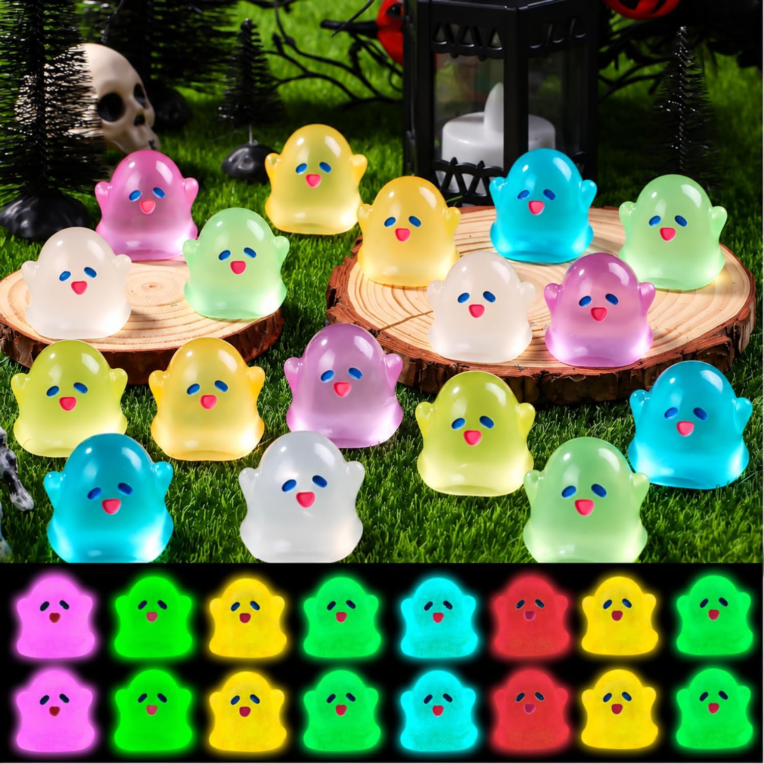 50pcs Halloween Luminous Ghost Figurine Mini Multicolor Glowing Ghost 0.79"