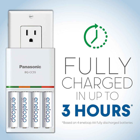Eneloop Panasonic K-KJ55MCA4BA Advanced Individual Battery 3 Hour Quick Charger with 4 AA Rechargeable Batteries, White | 4 AA Rechargeable Batteries, 3 Hour Quick Charger