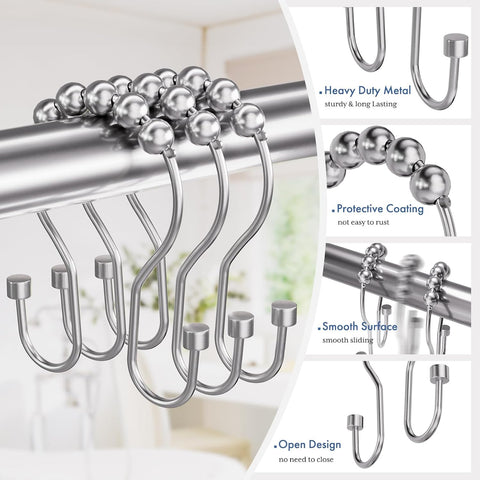 Bathway Shower Curtain Hooks Chrome Shower Curtain Rings with Cylindrical Design, Metal Shower Curtain Hooks Rust Proof, Smooth Glide Double Shower Hooks Rings for Shower Curtain