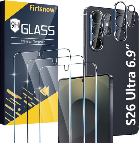 firtstnow 3 Pack for Samsung Galaxy S26 Ultra Screen Protector Tempered Glass + 3 Pack Camera Lens Protector, Military Grade Shatterproof, 9H Hardness, Fingerprint Unlock,Case Friendly 6.9 Inch