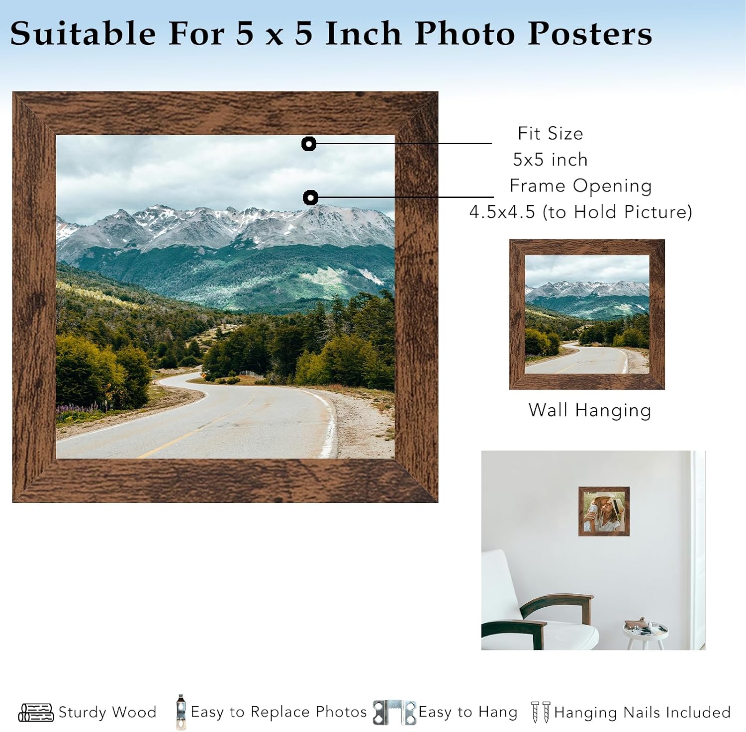 5x5 Picture Frame Deep Brown for Wall Hanging or Tabletop, Wood 5 x 5 Frame Photo Frame for Wall Horizontally or Vertically, Deep Brown, 3 Pack