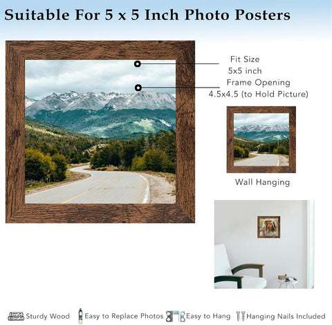 5x5 Picture Frame Deep Brown for Wall Hanging or Tabletop, Wood 5 x 5 Frame Photo Frame for Wall Horizontally or Vertically, Deep Brown, 3 Pack