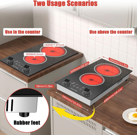 Noxton 2 Burners Electric Cooktop 110V, 12 Inch Radiant Ceramic Stove(BW)