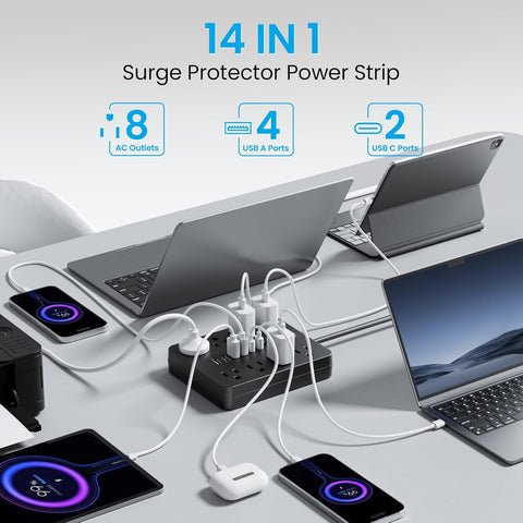 Surge Protector Power Strip, 8 Outlets(1850W/15A/14AWG), 6 USB Charging Ports(2 USB C), 6FT Flat Plug Extension Cord Outlet Extender with Overload Protection, ETL Certified for Office