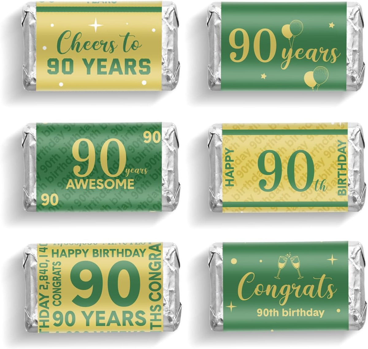 Tenare 90 Pcs 90th Birthday Candy Wrappers, Green and Gold Stickers