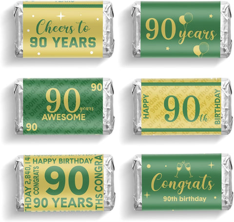 Tenare 90 Pcs 90th Birthday Candy Wrappers, Green and Gold Stickers