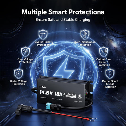 LiTime 12V 10A Lithium Battery Charger, IP65 Waterproof, 14.6V Output AC-DC