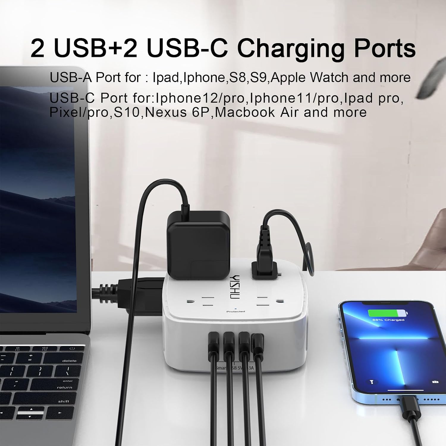 YISHU 6Ft Surge Protector Power Strip with 8 Widely Outlets & 4 USB Ports