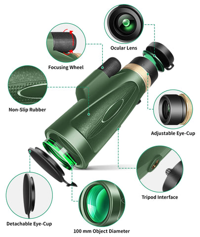 Monocular Telescope 80x100 High Power with Smartphone Adapter Tripod,Larger Vision Monoculars for Adults with BAK4 Prism & FMC Lens, Suitable for Bird Watching Hunting Hiking Camping Wildlife-Green