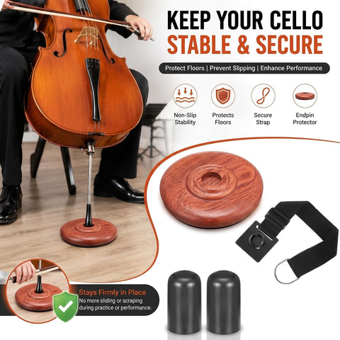 Nuanchu 4 Piece Cello Rock Stop with Strap Endpin Anchor, Brown, Wood