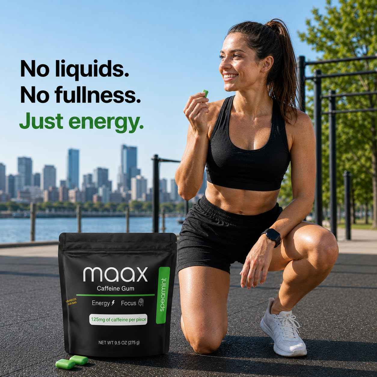 Maax Caffeine Energy Gum | 125mg of caffeine per piece | Spearmint | 125 total pieces per bag