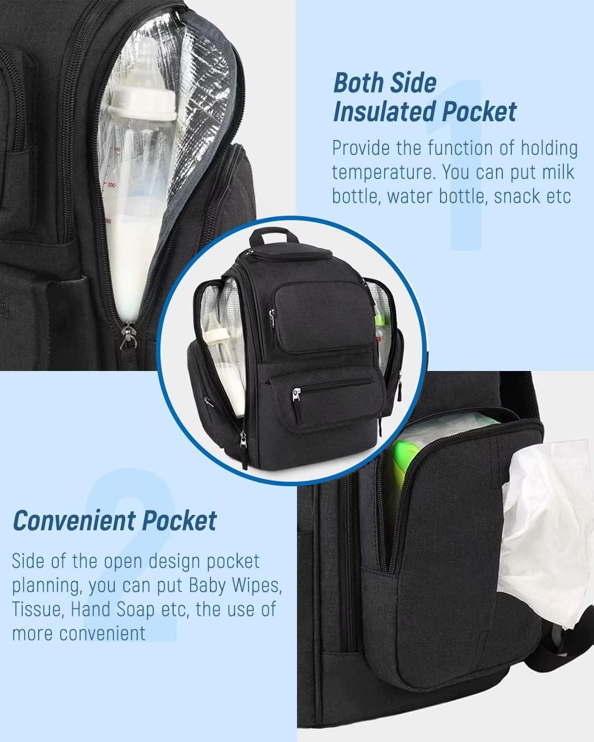 Mancro Diaper Bag Backpack, Dad Diaper Bag with 2 Side Insulated Pockets