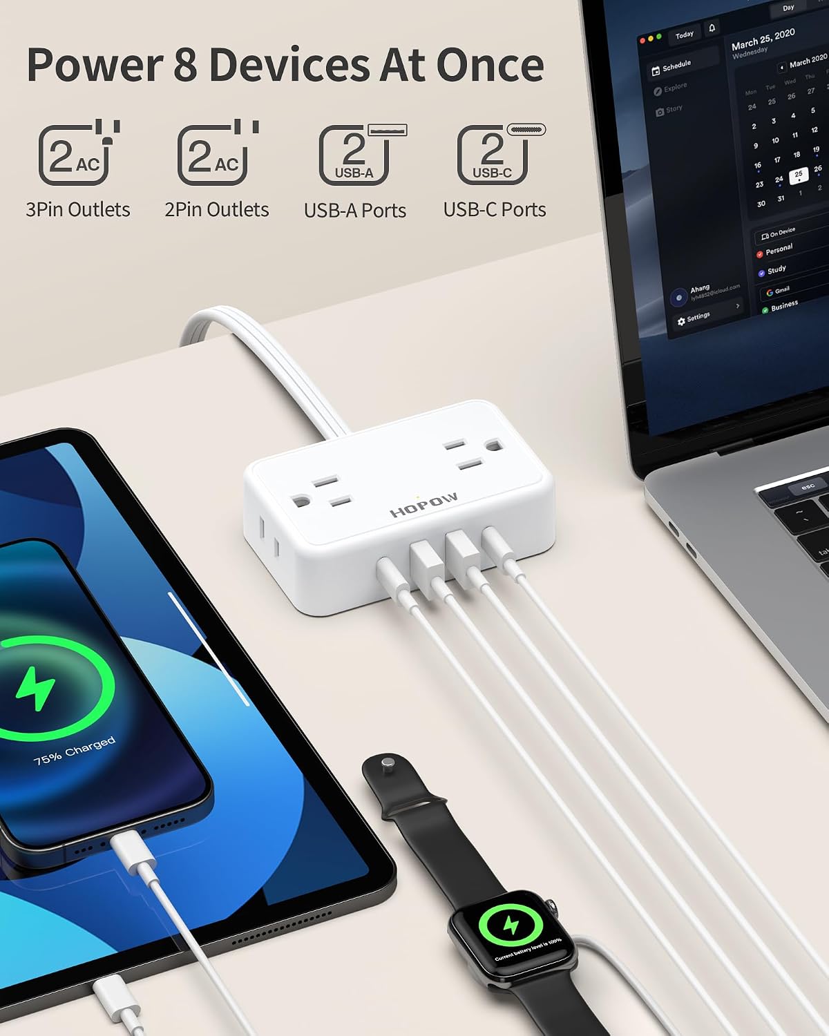 HOPOW Flat Plug Extension Cord, 4AC&2A2C, 6 FT Power Strip for Travel