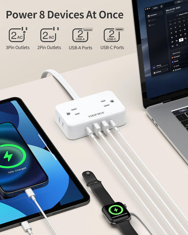HOPOW Flat Plug Extension Cord, 4AC&2A2C, 6 FT Power Strip for Travel