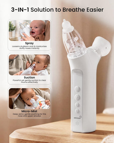 GROWNSY SniffEase 3-in-1 Baby Nasal Aspirator – Spray, Suction & Mist, Grey