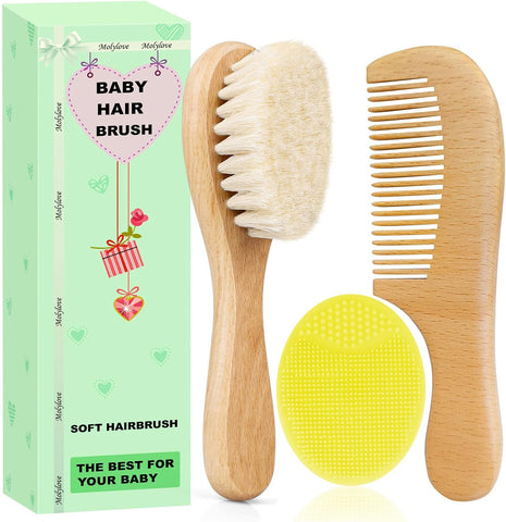 Baby Hair Brush with Wooden Handle and Comb Set for Newborns & Toddlers | Natural Soft Goat Bristles l Wood comb l Yellow Silicone Brush| Ideal for Cradle Cap (3PCS)