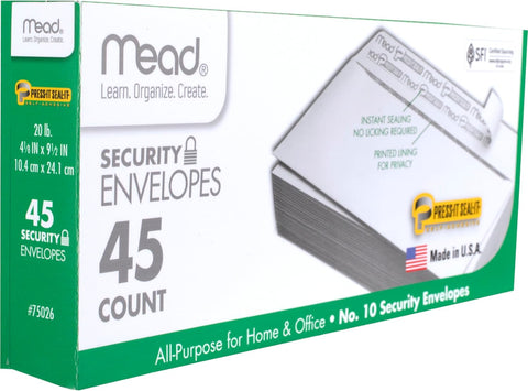 Mead #10 Security Business Envelopes Letter Size 4-1/8" x 9-1/2" – Peel and Seal, Privacy Lined, No-Window, Press-It Seal-It Self-Adhesive for Home & Office Mailing, 45 Count (75026)