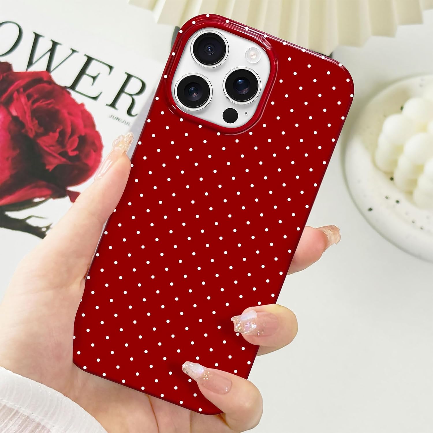 Hython for iPhone 14 Pro Max Case Cute Polka Dot Aesthetic Design Simple Cover 6.7", Thin Slim Anti-Scratch Soft TPU Bumper Shockproof Rubber Protective Phone Cases for Women Girls Girly Boys, Red
