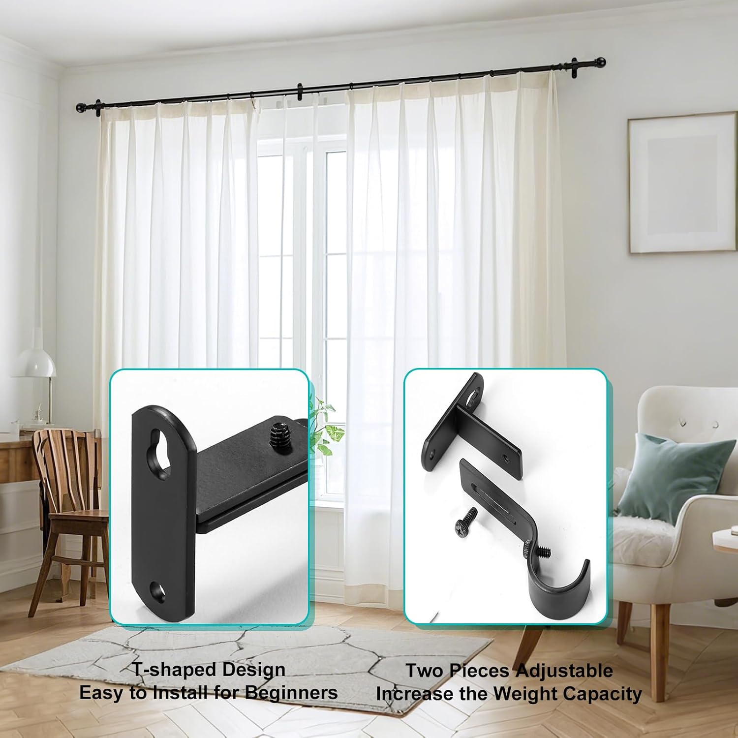 Adjustable Curtain Rod Brackets, Metal Window Drapery Rod Hanger Holders Hooks for 1 inch Rods (Black, Set of 2)
