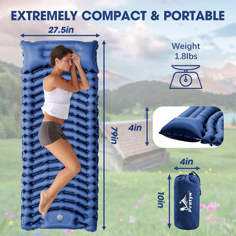 Ultralight Camping Sleeping Pad with Pillow & Built-in Foot Pump