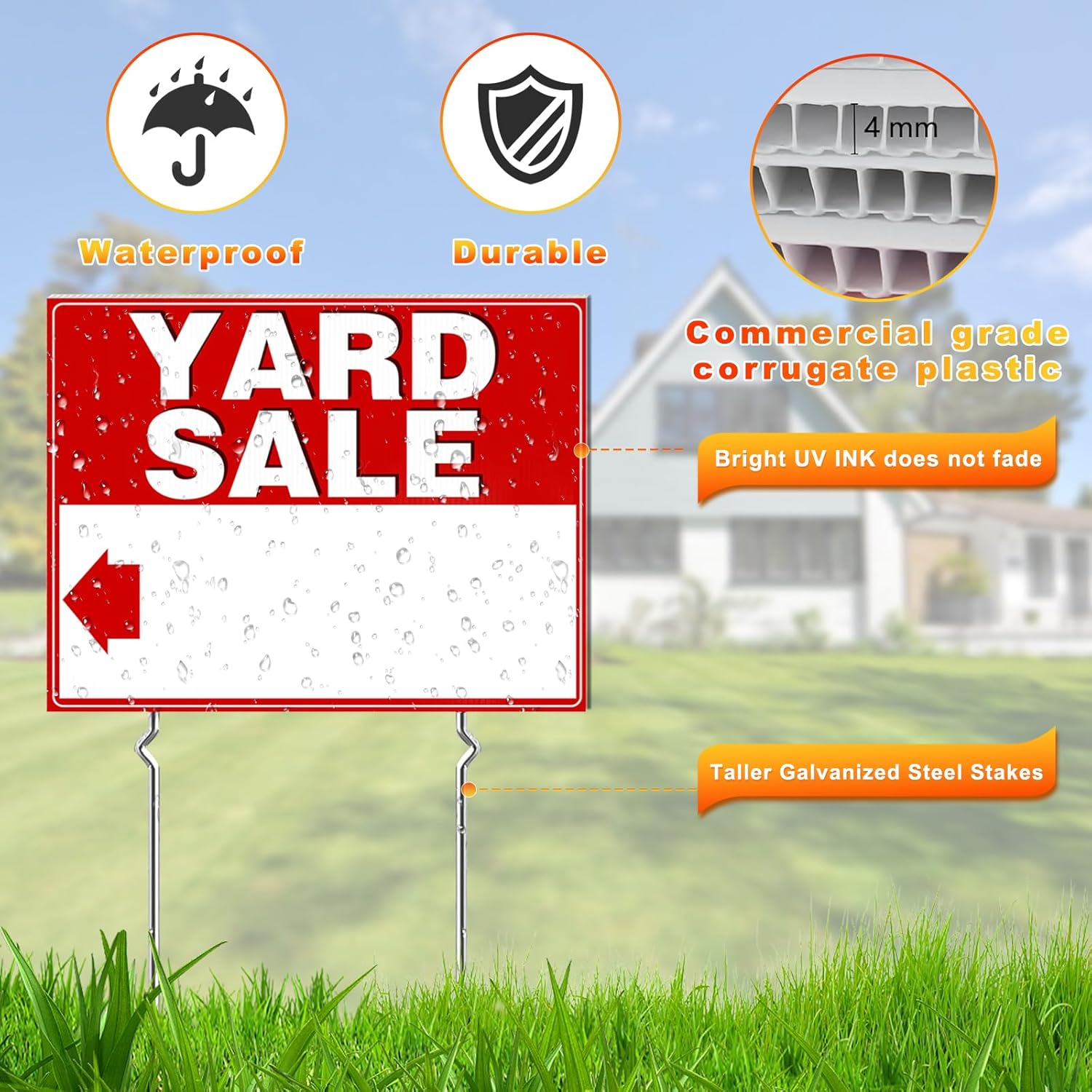 Remiawy Yard Sale Signs, 3 Pack Yard Signs with Metal Stakes, 17x13 Inch Double Sided Large Garage Sale Kit with Directional Arrows Stickers Weatherproof Corrugated Plastic for Event