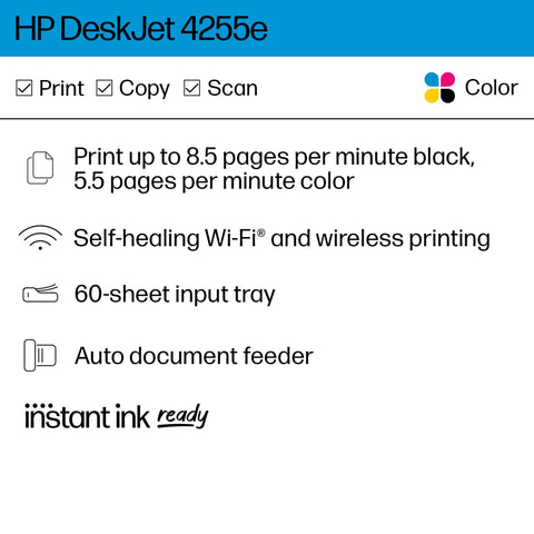 HP DeskJet 4255e Wireless All-in-One Color Inkjet Printer, Scanner, Copier, Best-for-Home, 3 Months of Instant Ink Included (588S6A)