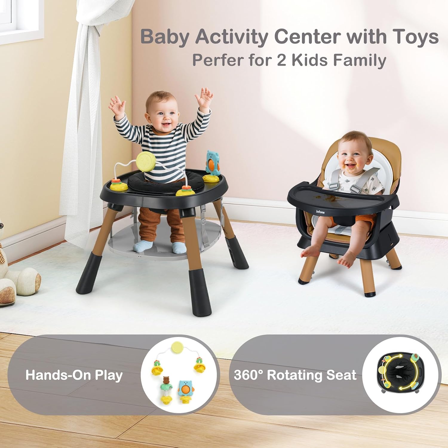 INFANS 9 in 1 High Chair, Convertible Baby Highchair for Babies and Toddlers, Table and Chair Set Building Block Infant Dining Booster Seat, Kids Stool with Activity Children Play Kitchen (Brown)