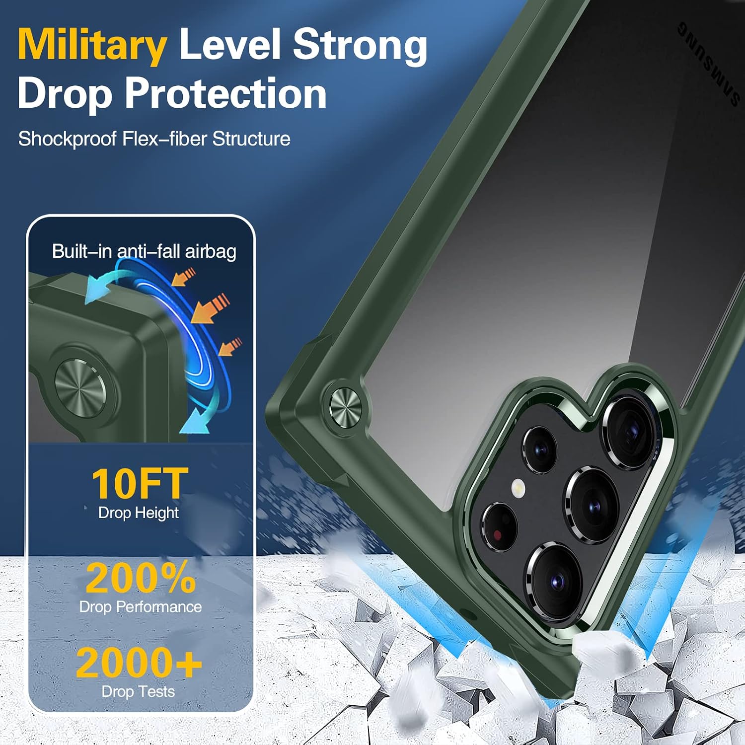 Oterkin for Samsung Galaxy S23 Ultra Case,10 FT Military Shockproof Phone Case with 2 X 9H Camera Lens Protectors Scratch-Resistant Crystal Clear Case-Green