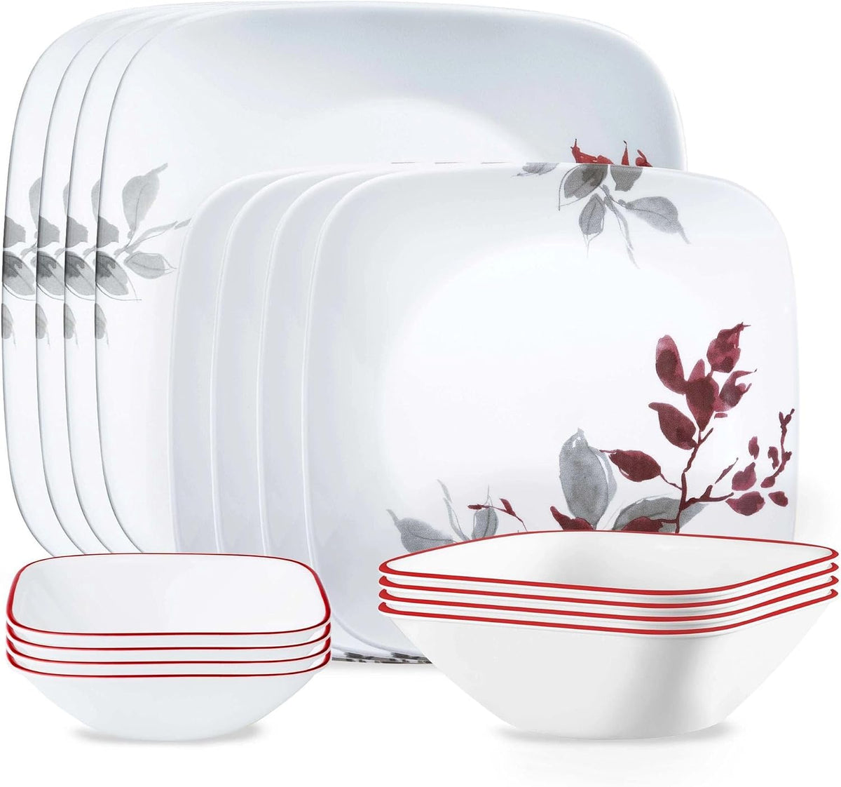 Corelle Kyoto Leaves 16pc, Service for 4, Dinnerware Set, 8 plates bowls, Chip & Break Resistant, Dinner and Corelleware White