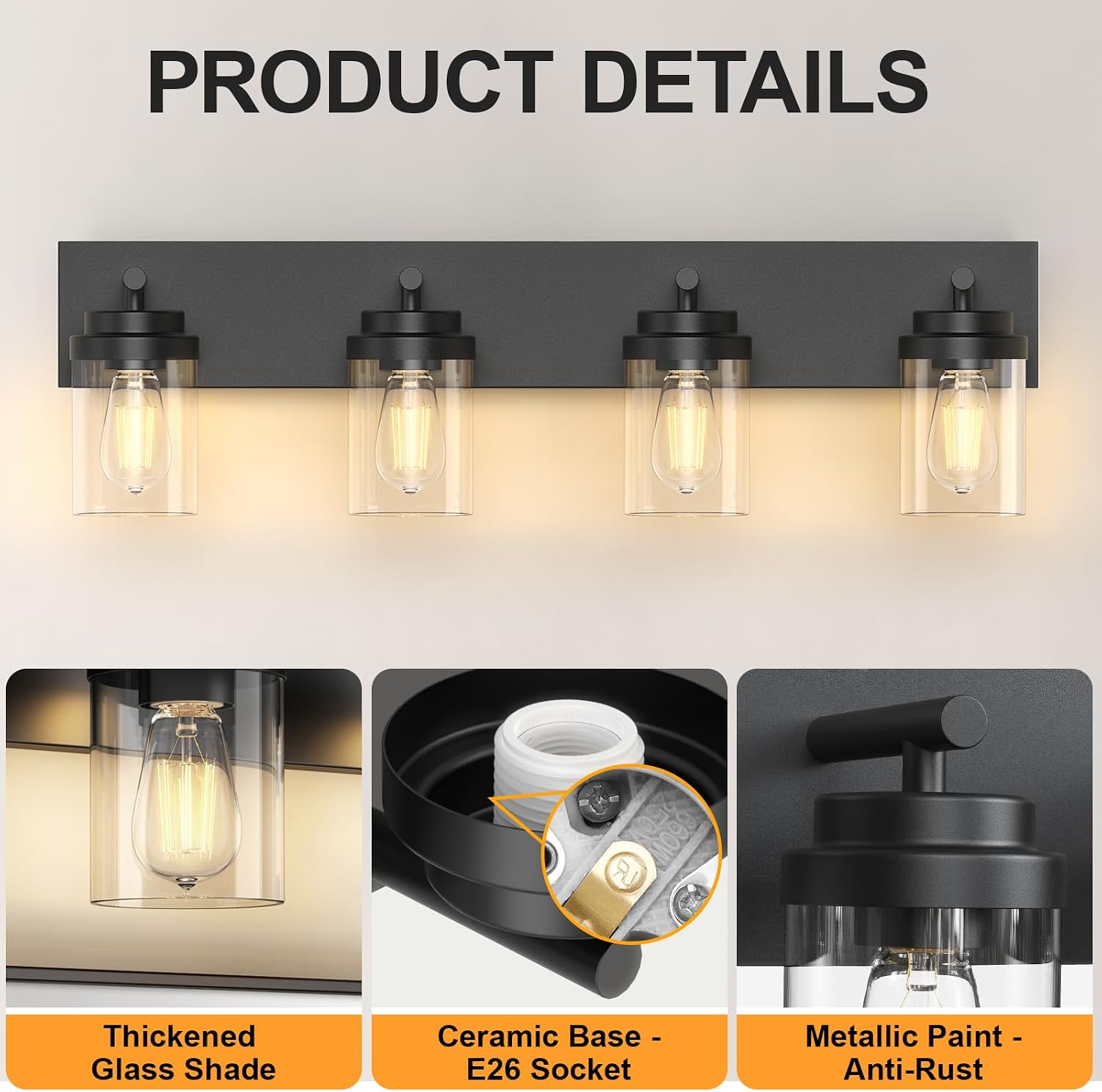IZORRO Bathroom Vanity Light Fixture, 4-Light 30 Inch Matte Black Bathroom Light Fixtures Over Mirror, with Clear Glass Shade, Modern Farmhouse Vanity Lights, Rustic Restroom Lighting Fixtures