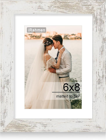 iRahmen 6x8 Picture Frame with HD Tempered Glass, Display Pictures 5x7 with Mat or 6 x 8 Without Mat, Wood Photo Frames for Tabletop and Wall Mount (Rustic White, 1 Pack)