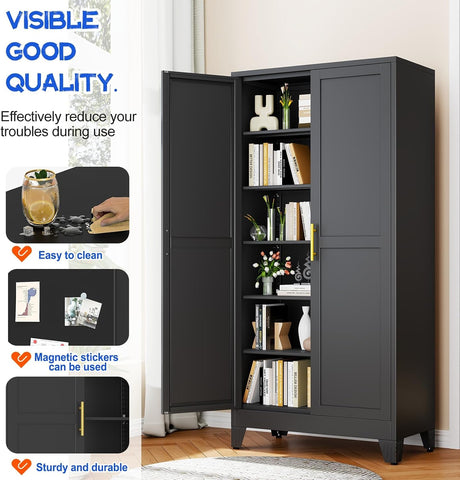 GAIOUS 75.2" Tall Metal Storage Cabinet, Kitchen Pantry Cabinet Black