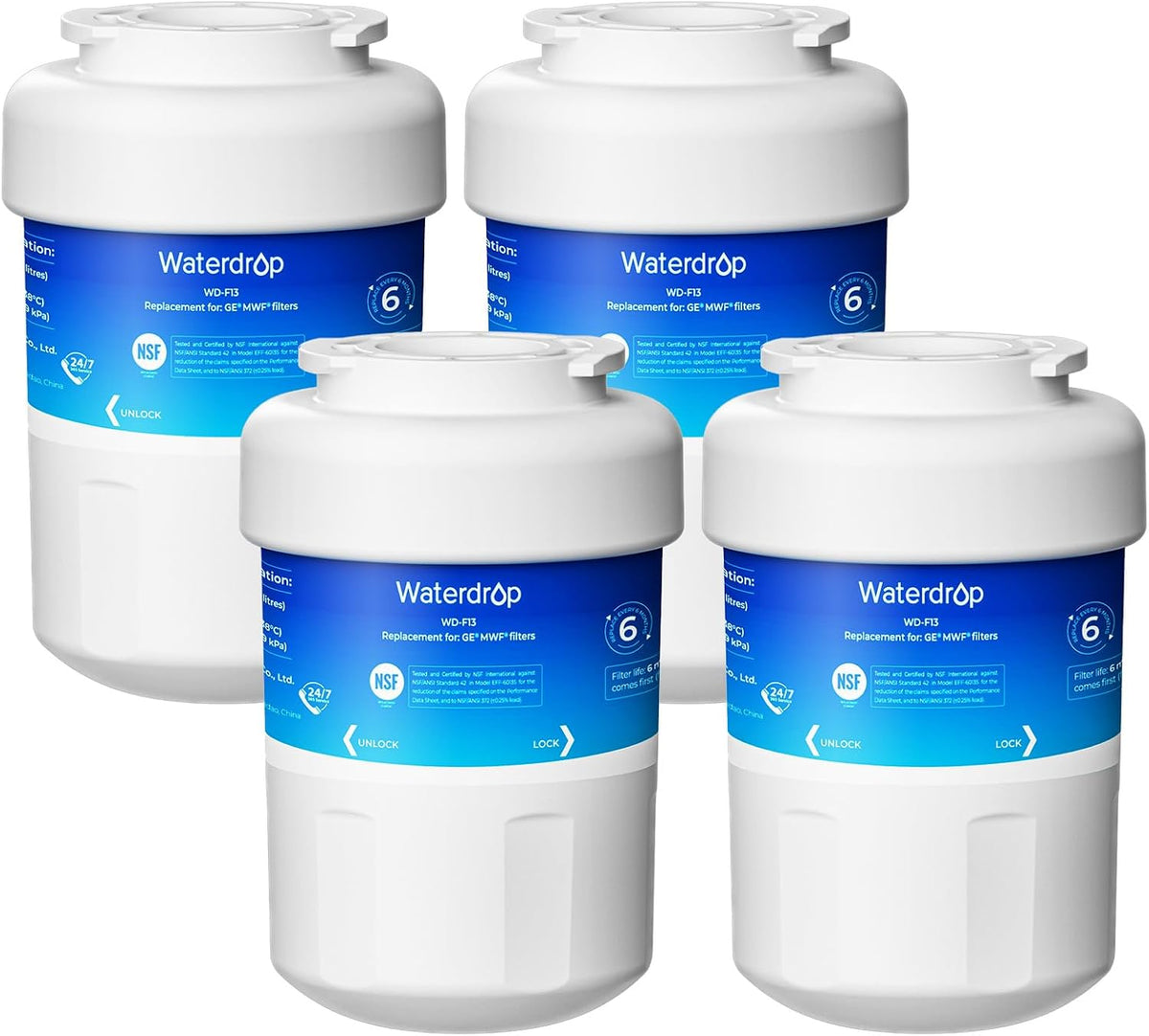 Waterdrop WD-F13 Refrigerator Water Filter Replacement for GE® MWF®, 4 Pack