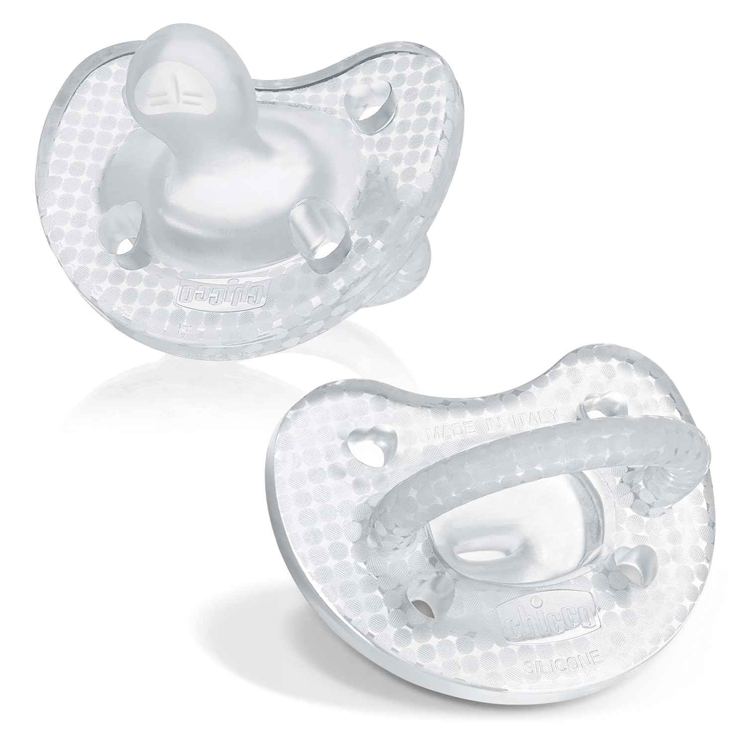 Chicco PhysioForma Luxe Orthodontic Pacifier for Babies 0-6 Months, One-Piece 100% Soft Silicone, Supports Breathing, Textured Shield & Handle, Included Sterilizing Case, BPA Free, 2-Pack, Crystal