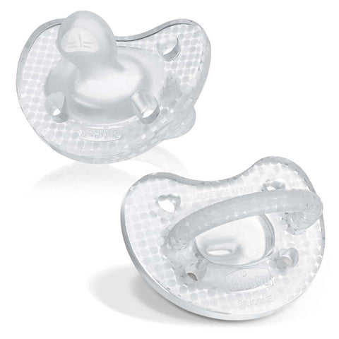 Chicco PhysioForma Luxe Orthodontic Pacifier for Babies 0-6 Months, One-Piece 100% Soft Silicone, Supports Breathing, Textured Shield & Handle, Included Sterilizing Case, BPA Free, 2-Pack, Crystal