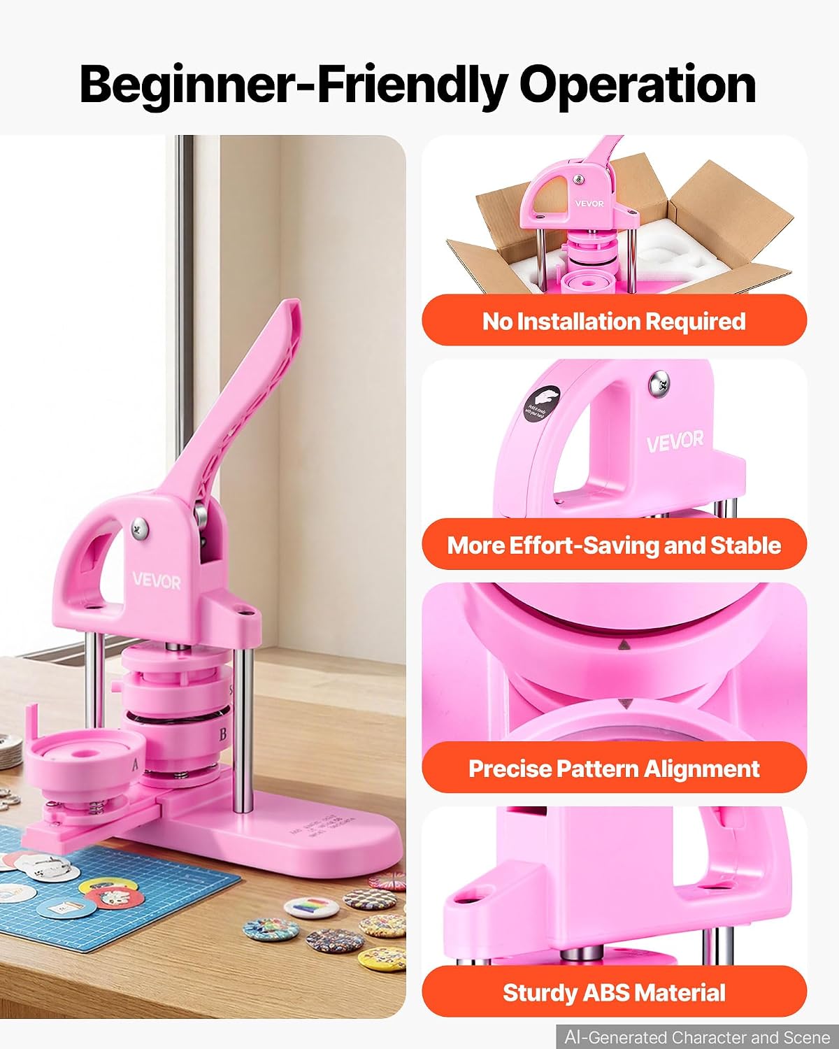 VEVOR 3-in-1 Button Maker - 25/32/58mm (1/1.25/2.25 inch) with 300pcs Parts, Ergonomic Arc Handle Punch, Pin Maker, DIY Gift, Pink