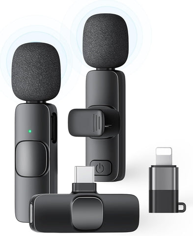 2 Pack Wireless Lavalier Microphone for iPhone iPad and Android Phone, Lapel Mic Plug and Play Wireless Mic Noise Reduction Mini Microphone for Video Recording Interview Podcast Vlog YouTube Tiktok
