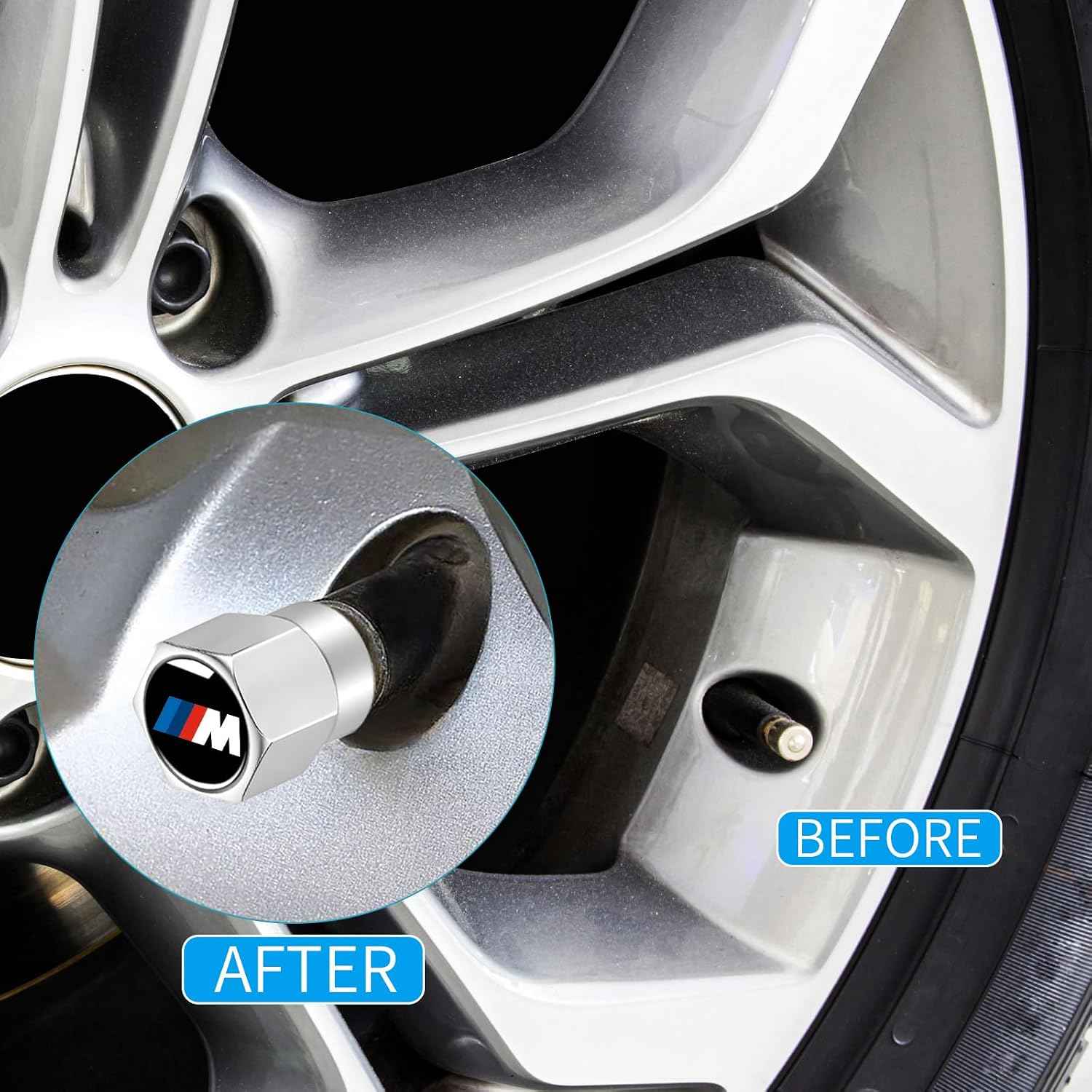 Tire Valve Stem Cap for BMW M Metal Tire Stem Cover with Belt O-Ring Air caps Sports Accessories 4 Pack