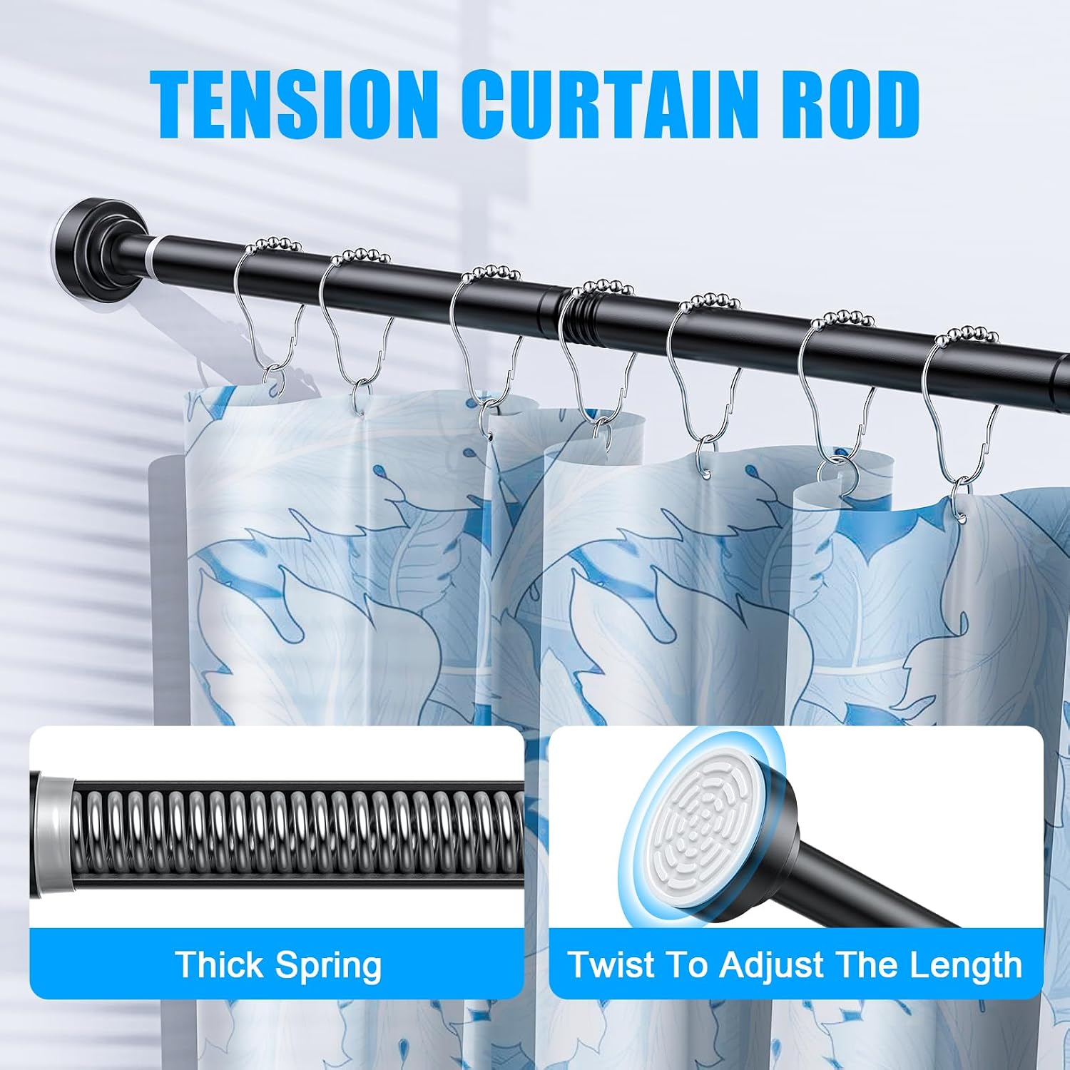 TEECK Shower Curtain Rod, 32-68 inch Adjustable Spring Tension Curtain Rod, Never Rust Anti-Slip Shower Curtain Rod for Bathroom, No Drilling, Never Collapse, Easy to Use, Black