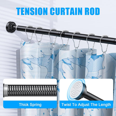 TEECK Shower Curtain Rod, 32-68 inch Adjustable Spring Tension Curtain Rod, Never Rust Anti-Slip Shower Curtain Rod for Bathroom, No Drilling, Never Collapse, Easy to Use, Black