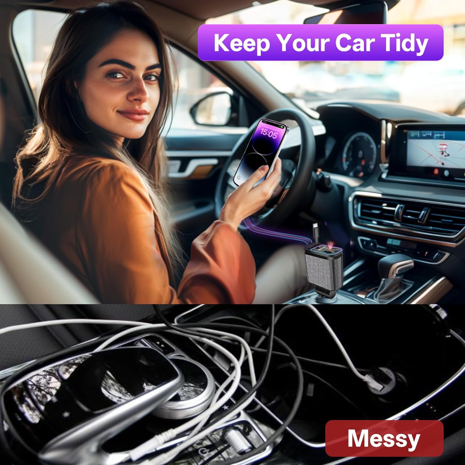 Retractable Car Charger, 4-in-1 Fast Charger with USB-C & USB-A