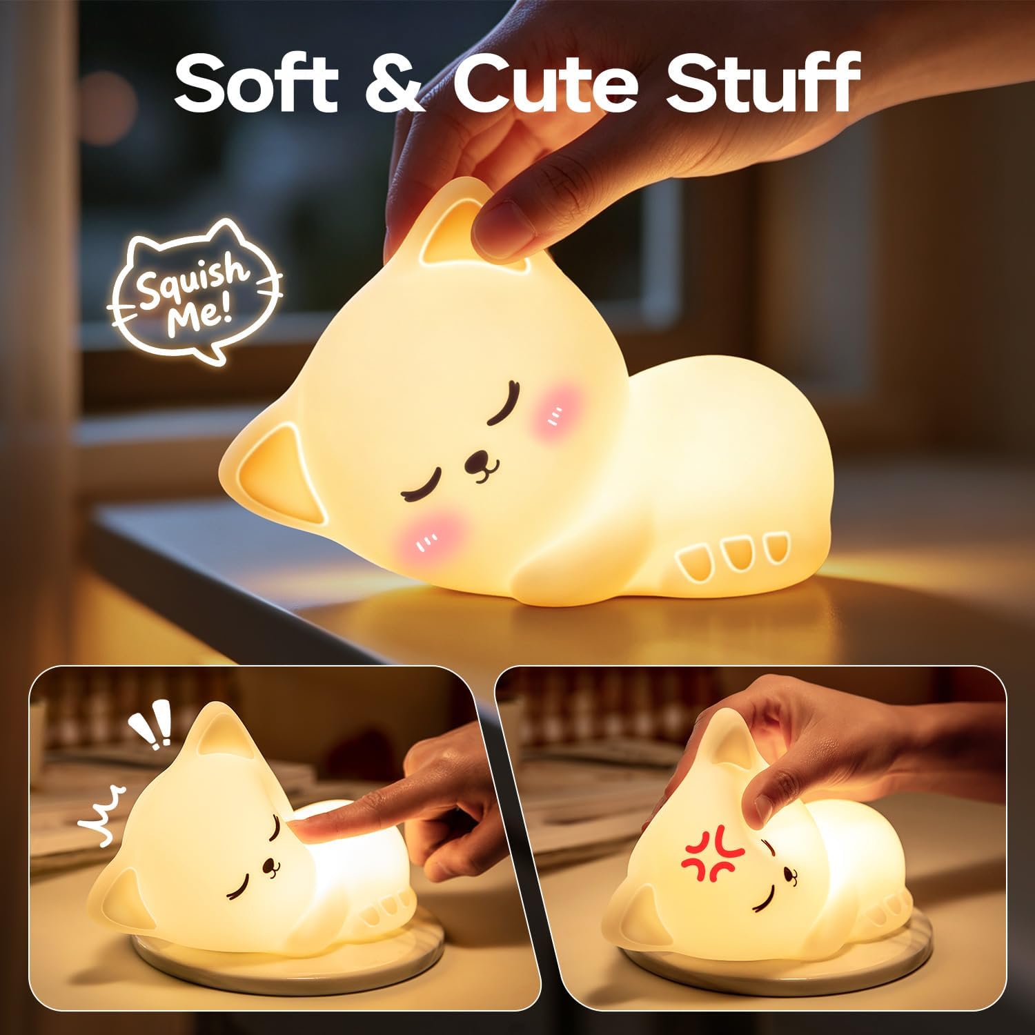 Mubarek Sleepy Cute Cat Gifts - 16-Color Silicone Night Light with Remote