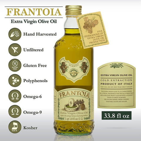 Frantoia Extra Virgin Olive Oil, 33.8 fl oz (1 Liter) – Award-Winning Sicilian EVOO Made from Biancolilla, Nocellara del Belice & Cerasuola Olives – Cold-Pressed within 24 Hours for Fresh, Fruity Flavor [Pack of 2]