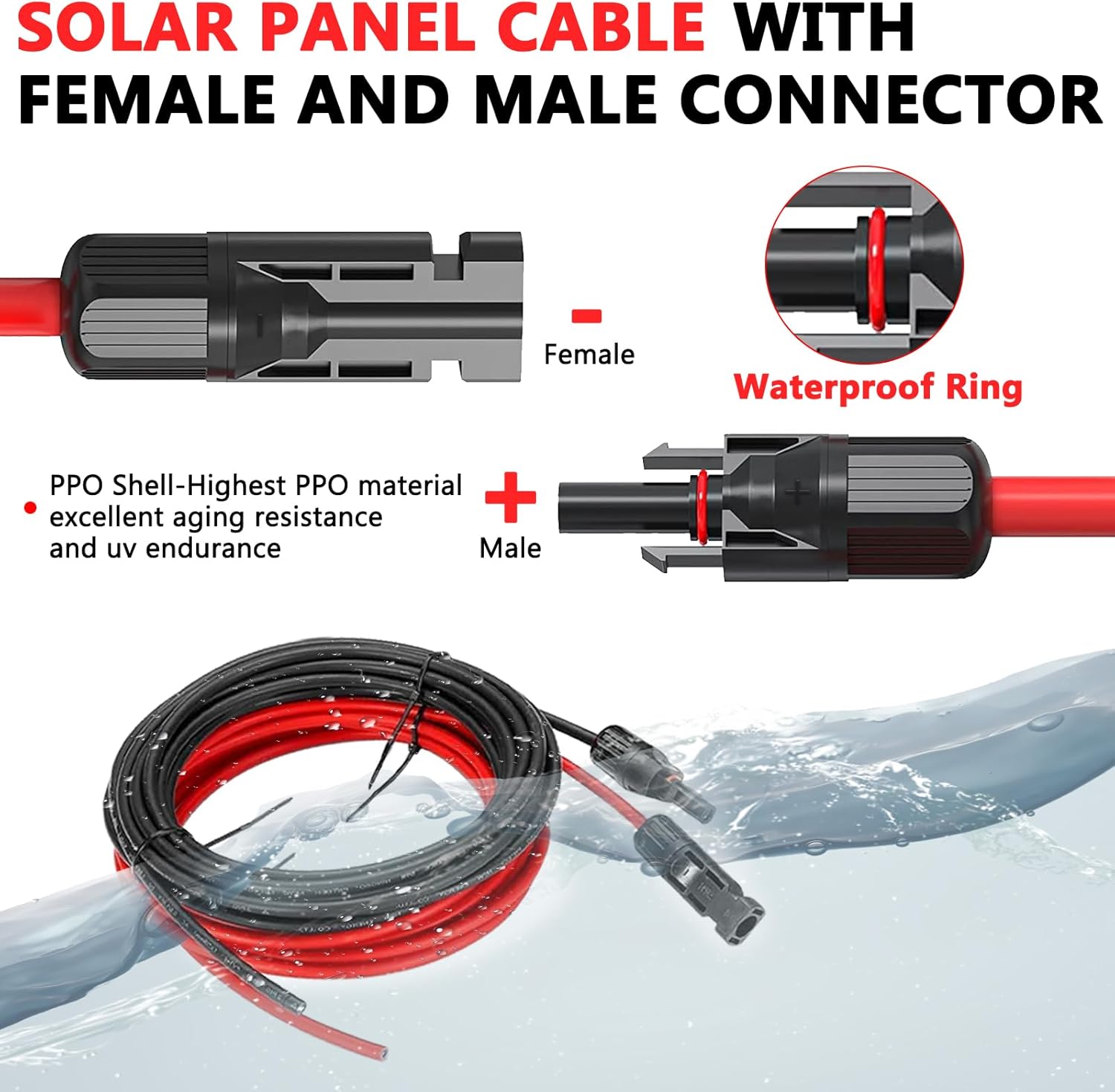 Vansdon 2x10 Feet Solar Panel Extension Cable, 10AWG Solar Cable, Solar Panel Cable with Female and Male Waterproof Connectors for RV, Photovoltaic Systems (10FT Red + 10FT Black)