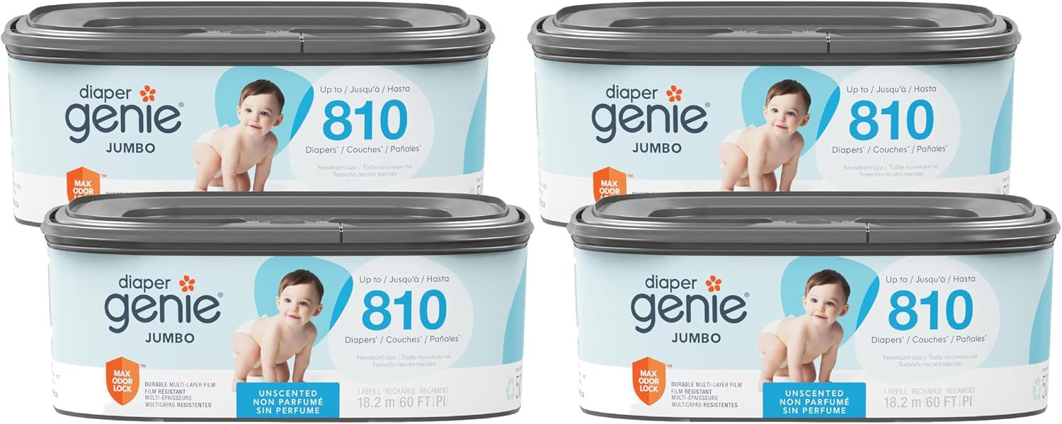 Diaper Genie Refill, Jumbo Square | Continuous Film | Holds 810 Newborn Diapers | Pack of 4