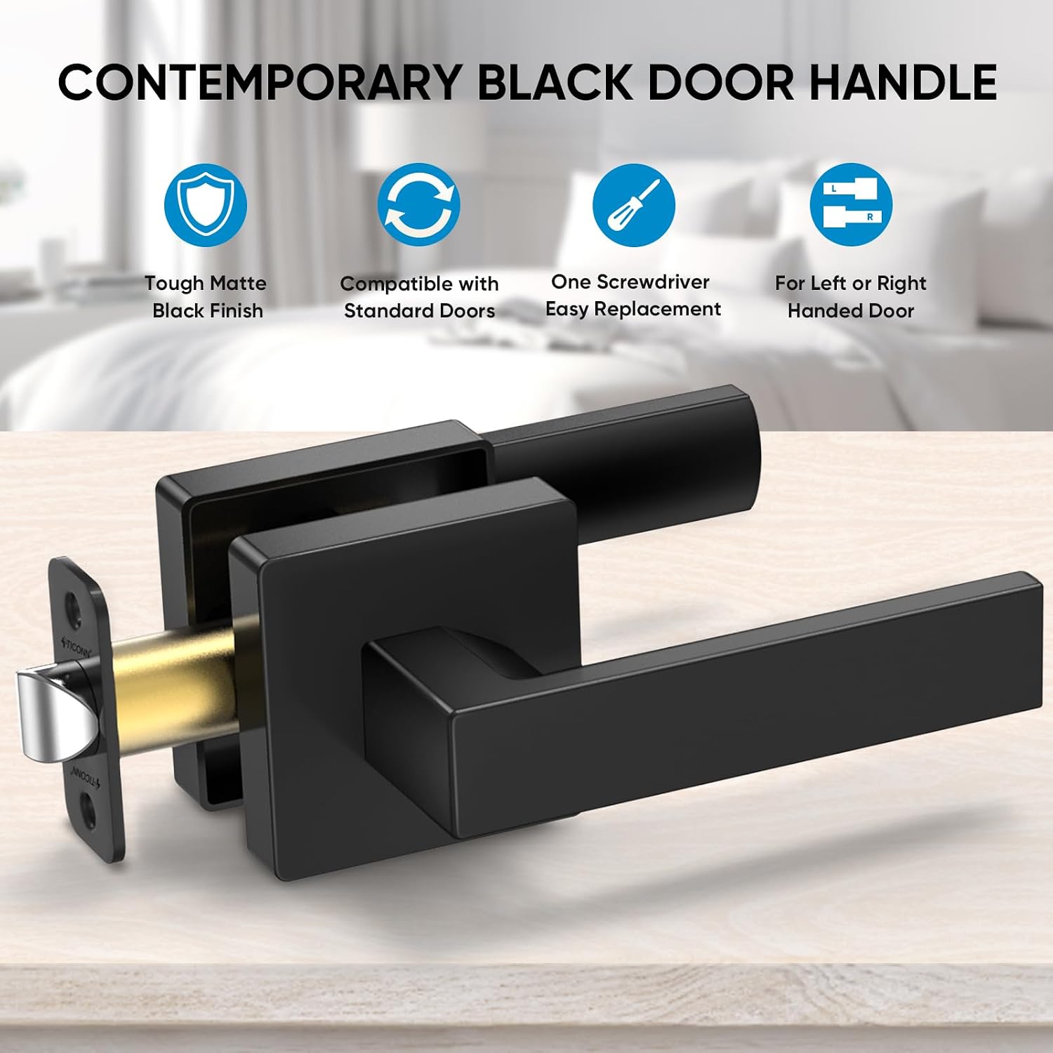 TICONN 1PK Matte Black Door Handles Interior, Reversible Square Door Levers Knob for Hallway, Bedroom, Bathroom (No Lock, 1PK Passage)