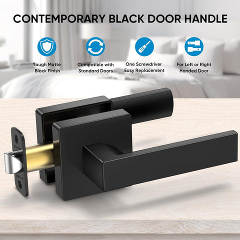 TICONN 1PK Matte Black Door Handles Interior, Reversible Square Door Levers Knob for Hallway, Bedroom, Bathroom (No Lock, 1PK Passage)