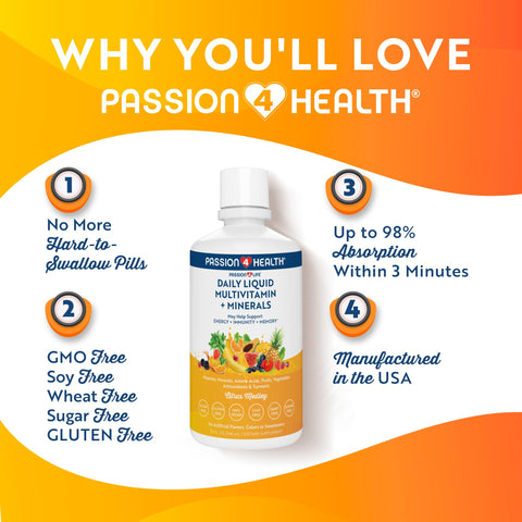 Passion 4 Life Mega Liquid Multivitamins, Trace Minerals, Amino Acids, Turmeric for Adults, Men, Women, Teens, Kids, Non-GMO, No Soy, No Dairy