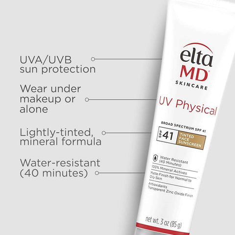EltaMD UV Physical Tinted 100% Mineral Face Sunscreen, SPF 40 and 41 | Formulated with Antioxidants, 100% Mineral Actives, Transparent Zinc Oxide Finish, Water Resistant Up to 40 Minutes